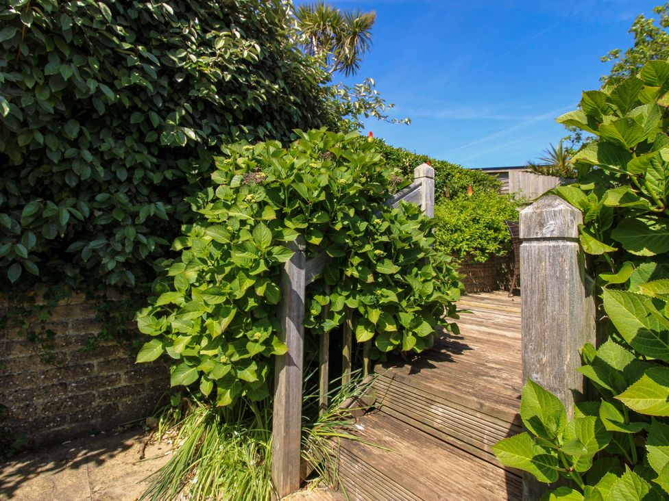 A garden pathway with wooden stairs and lush greenery at Tansea in Hope Cove