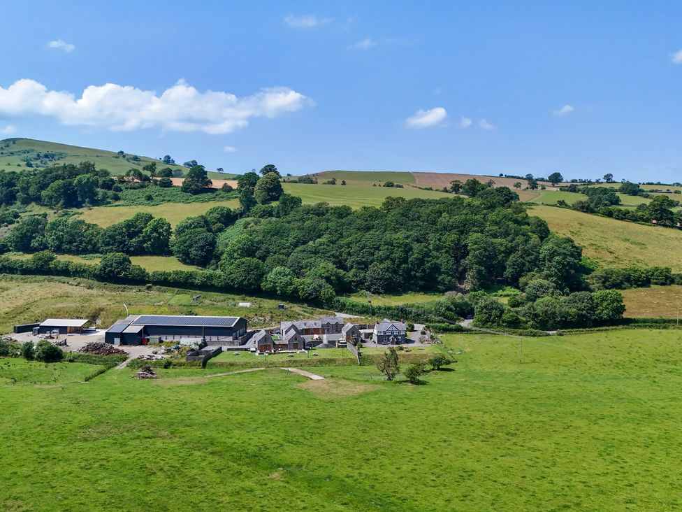 A farm with buildings and trees in a field at Hay Store in Corwen