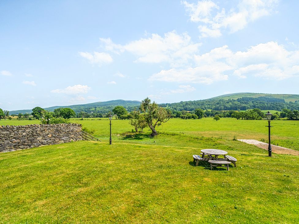 A garden with a picnic table and tree at The Barn in Corwen