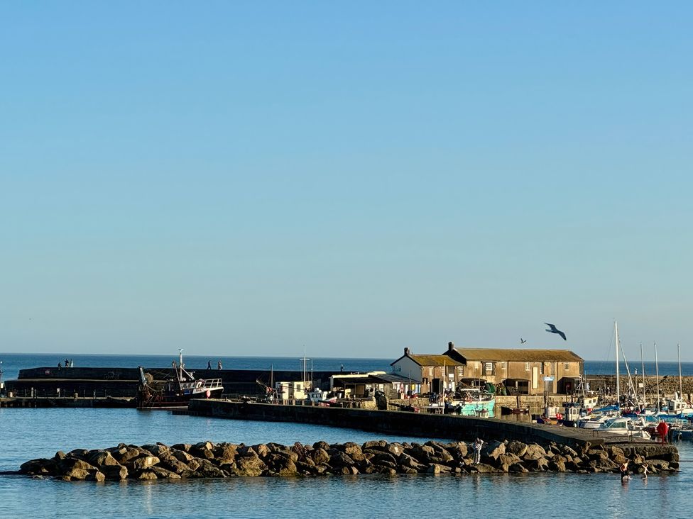 A harbor with boats and people near the pier at Port House in Lyme Regis