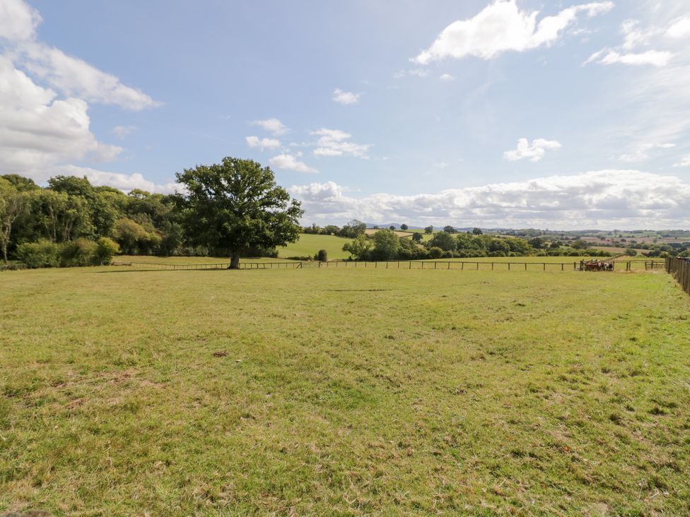An outdoor view of a field with a tree and fence at Keepers Barn in Bromyard