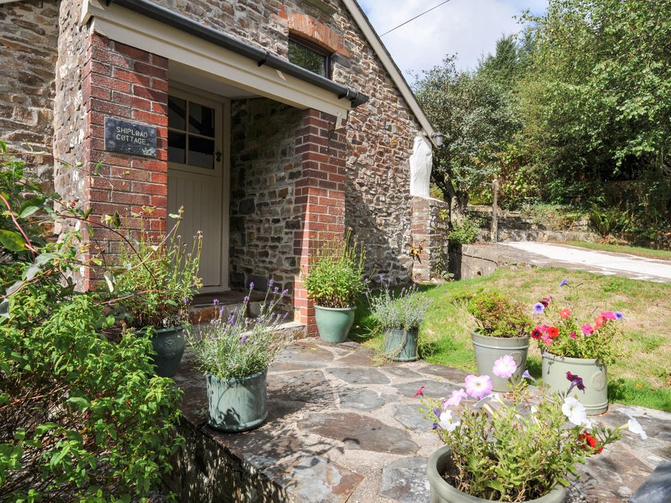 An entrance with flower pots at Shipload Cottage in Hartland
