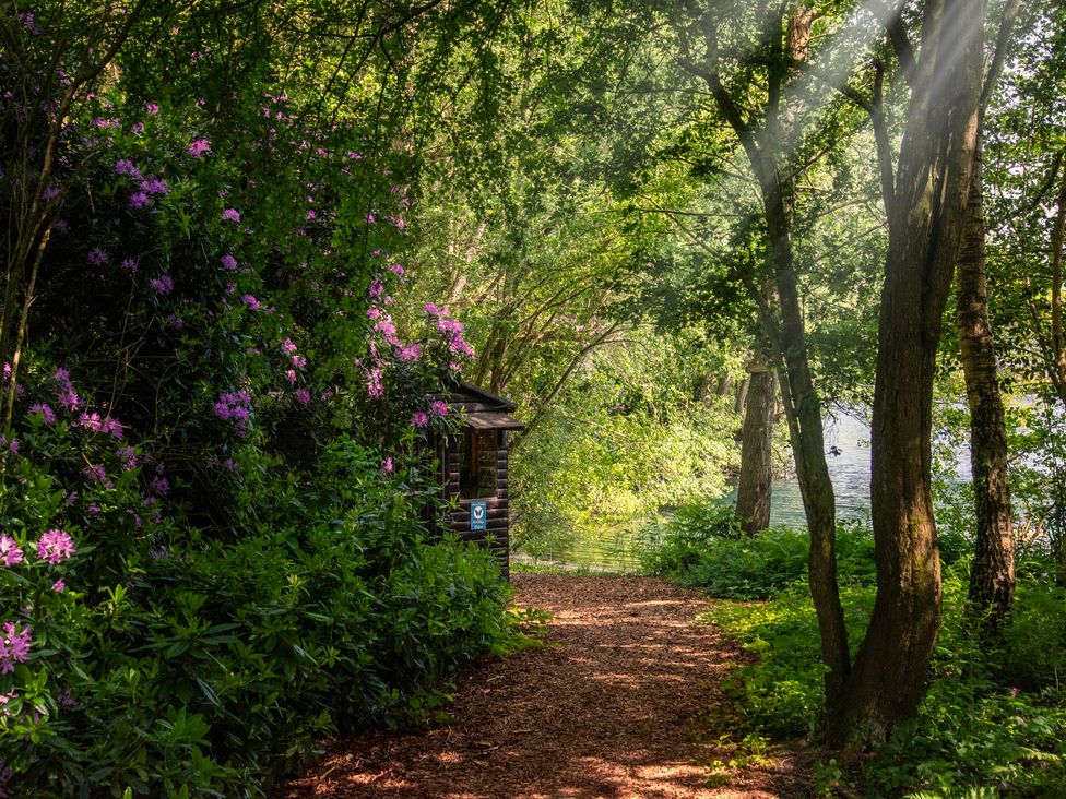 A path with flowers and trees leading to a body of water at Mallard in Shobdon