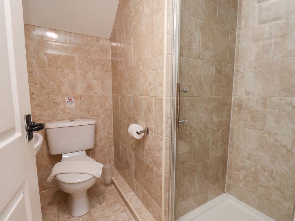 A bathroom with a shower and toilet at Honeysuckle in Filey