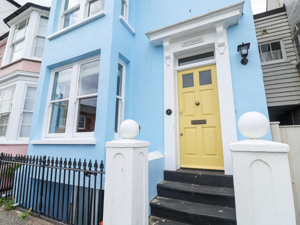 A front door and windows of a house at Astondene, East Cliff in Southwold