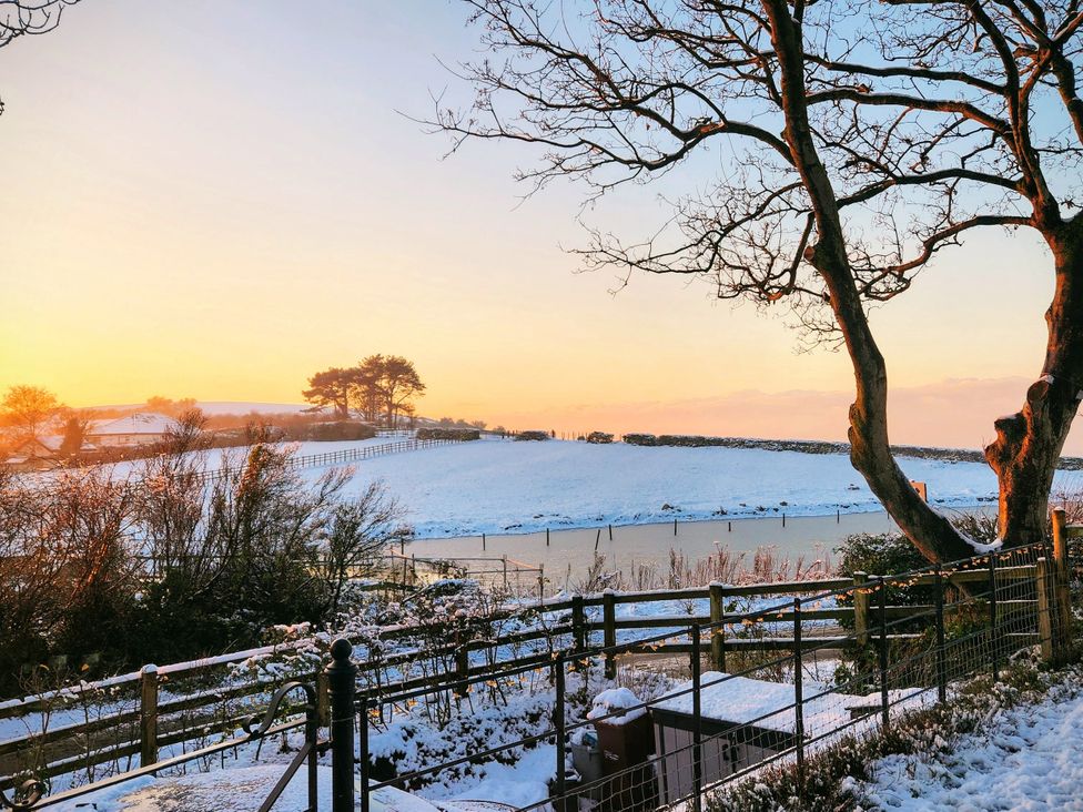 A snowy landscape with trees and a fence at Windyridge, Gwaenysgor, near Prestatyn