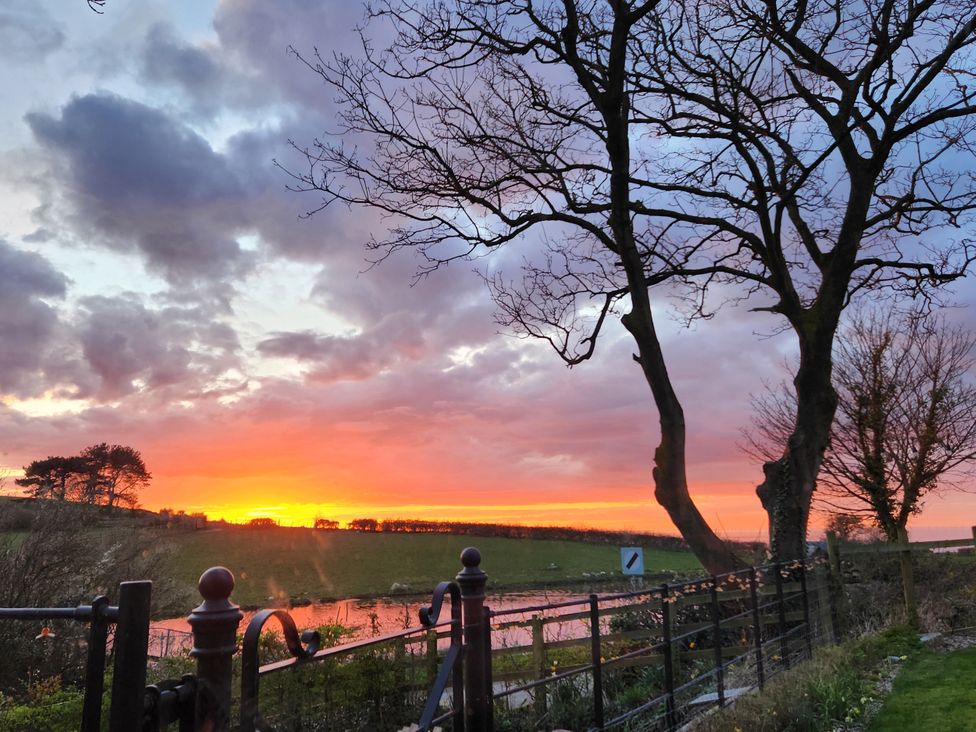 A sunset view with trees and a fence at Windyridge in Gwaenysgor, near Prestatyn
