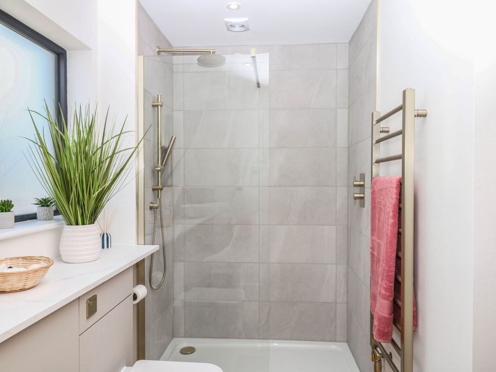 A bathroom with a shower and towel rack at Harescombe Lodge in Morchard Bishop