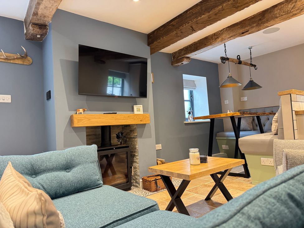 A living room with a television and fireplace at Railway Cottage in Penybontfawr