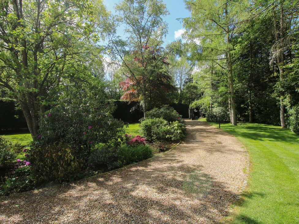 A garden with a gravel pathway and various trees and plants at Pultheley Cottage in Hyssington near Churchstoke