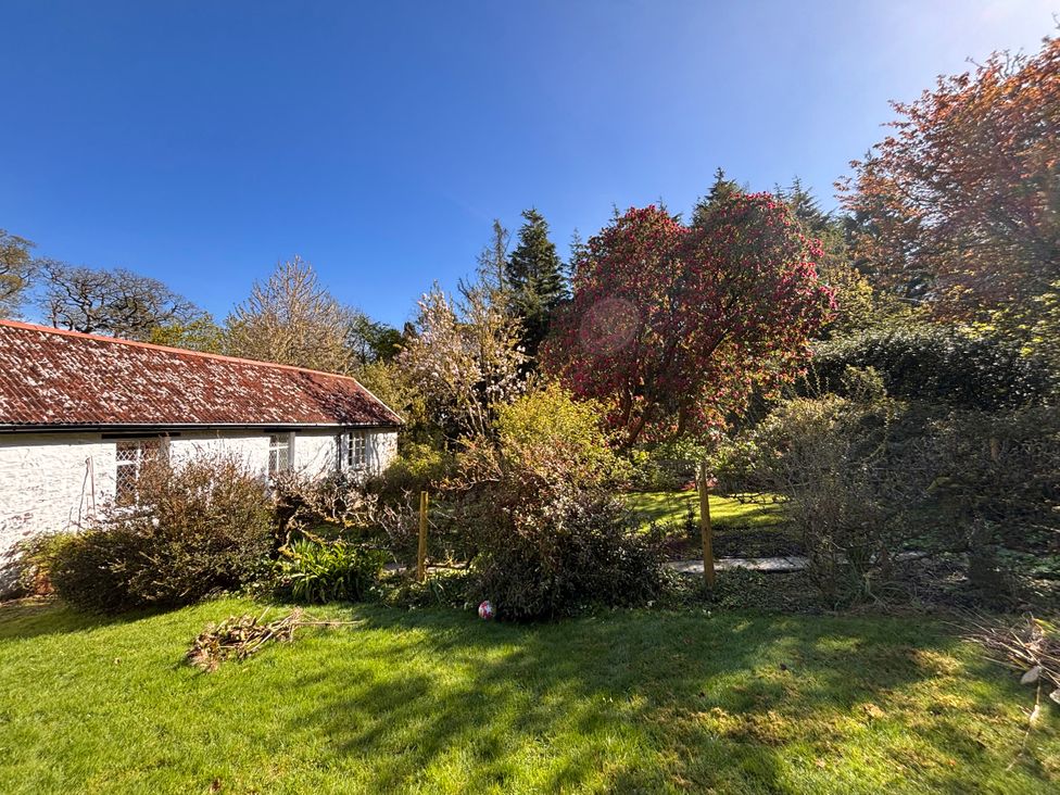 A garden with a cottage, trees, and bushes at Laundry Cottage in Clovelly