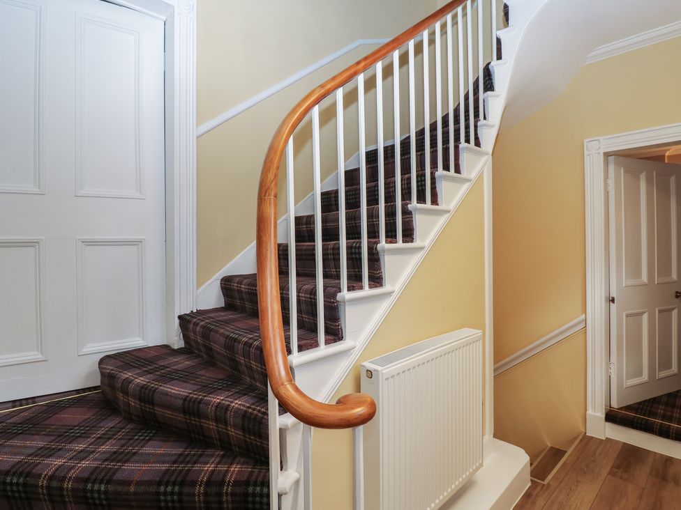 A staircase with carpet and handrail at Eskvale House in Langholm