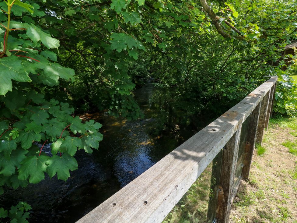 A wooden fence overlooking a stream surrounded by trees at Glas y Dorlan Nevern near Newport, Pembrokeshire