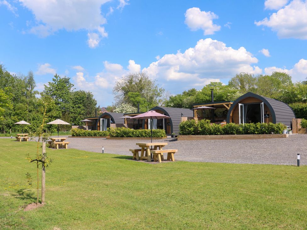 Outdoor seating area with wooden picnic tables and umbrellas near small arched cabins and green trees at Yes Deer in Ashbourne