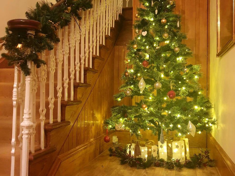 A Christmas tree with lights and gifts in a hallway at The Old Rectory in Largs