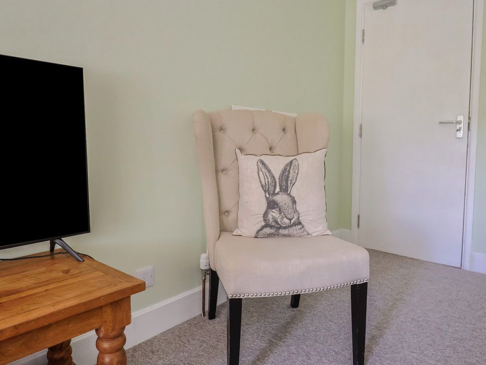 A beige upholstered chair with a cushion featuring a rabbit illustration next to a wooden table with a TV on it at Eggardon Rest in Askerswell near Bridport