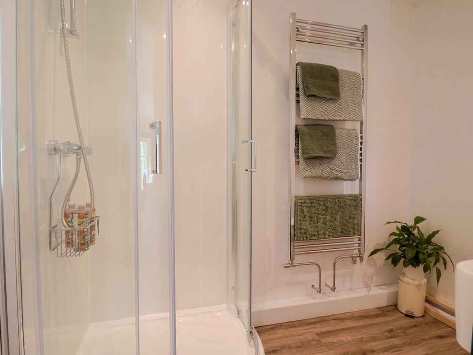 A bathroom with a glass shower enclosure a metal towel rack with green and patterned towels and a potted plant on a wooden floor at Eggardon Rest in Askerswell near Bridport