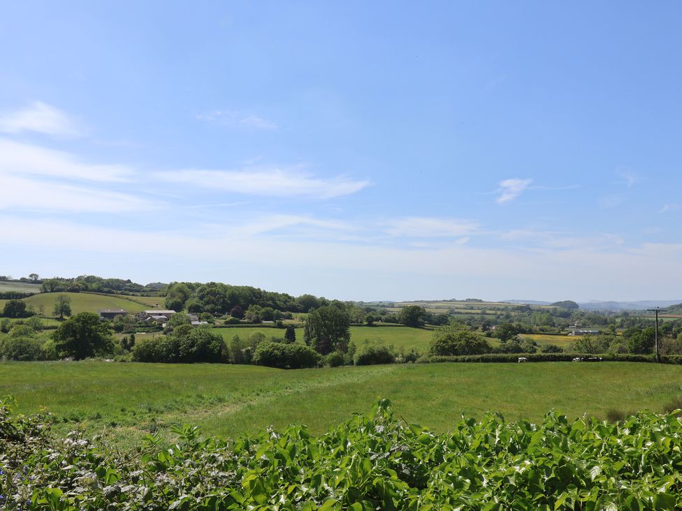A green rural landscape with fields trees and farms under a blue sky at Eggardon Rest in Askerswell near Bridport
