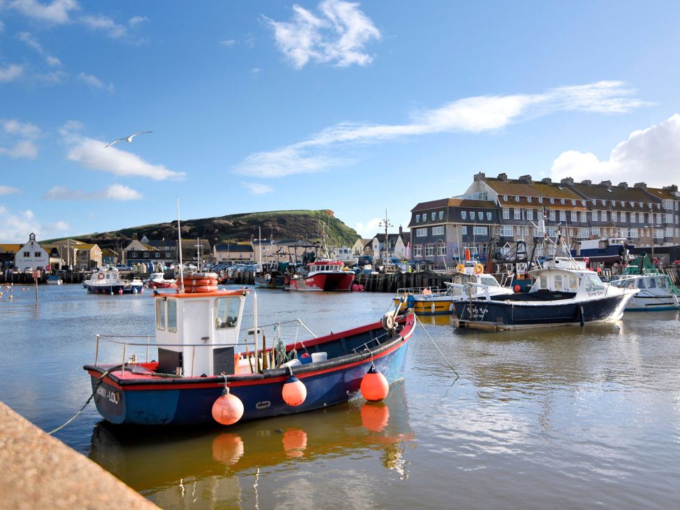 A harbor with fishing boats and buildings in the background at Eggardon Rest in Askerswell near Bridport