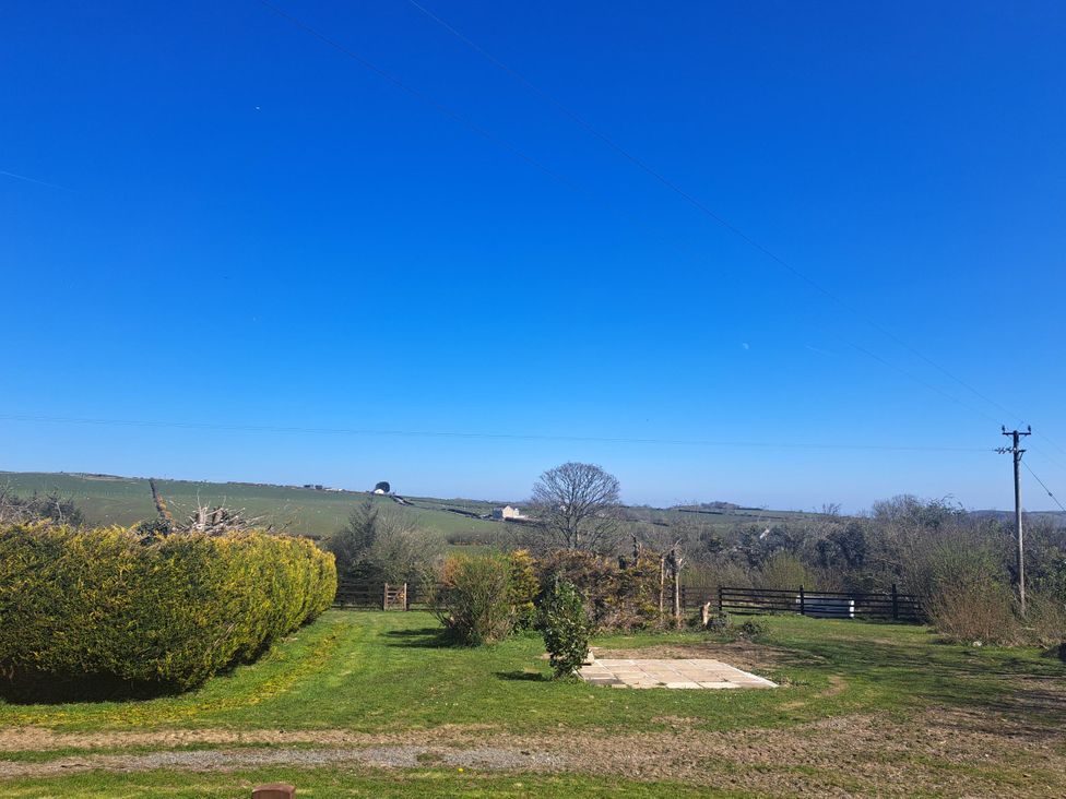 A grassy outdoor area with trimmed hedges trees and a gate under a clear blue sky at Capel Park Tyddynod Bach in Llandyfrydog near Llanerchymedd