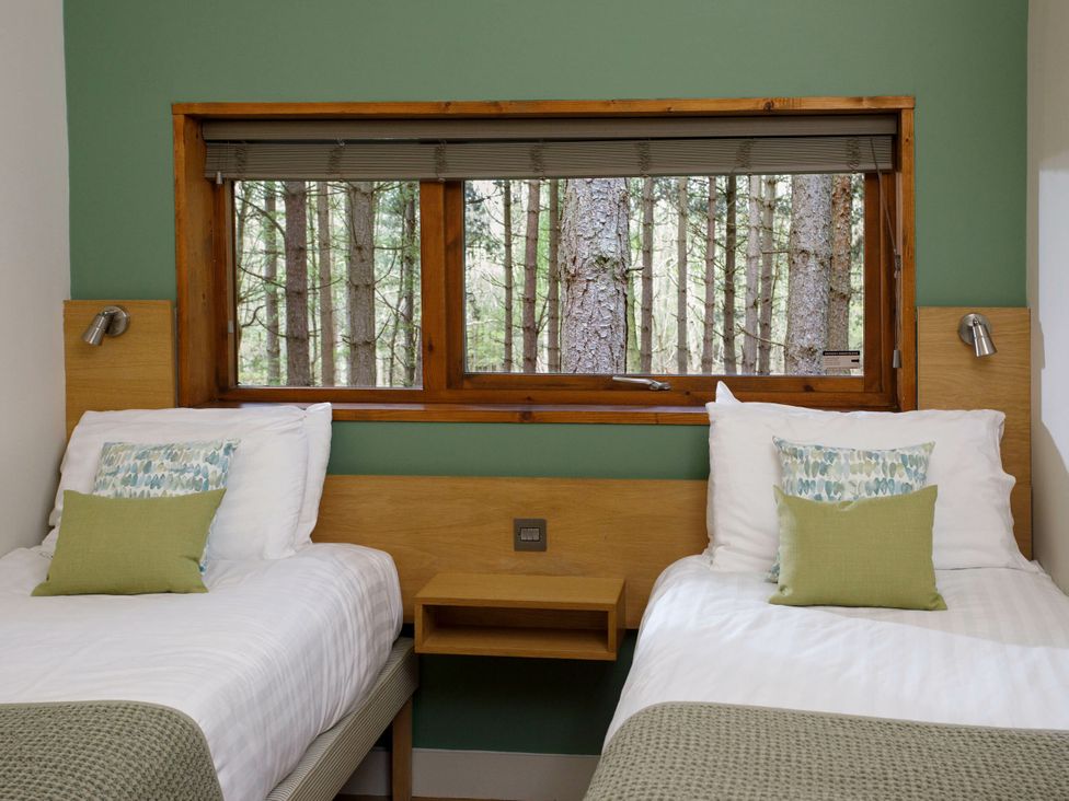 A bedroom with two beds and a window overlooking trees at Strathyre Golden Oak Lochside Strathyre, Ben Ledi