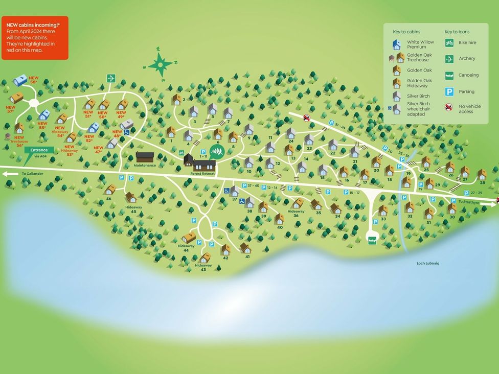A map showing cabin locations and amenities at Strathyre Golden Oak Lochside in Strathyre, Ben Ledi