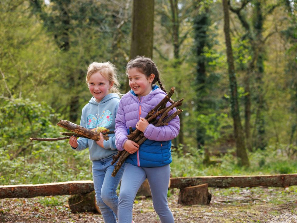 Two girls carrying sticks in a forest at Blackwood Forest Golden Oak, Blackwood Forest