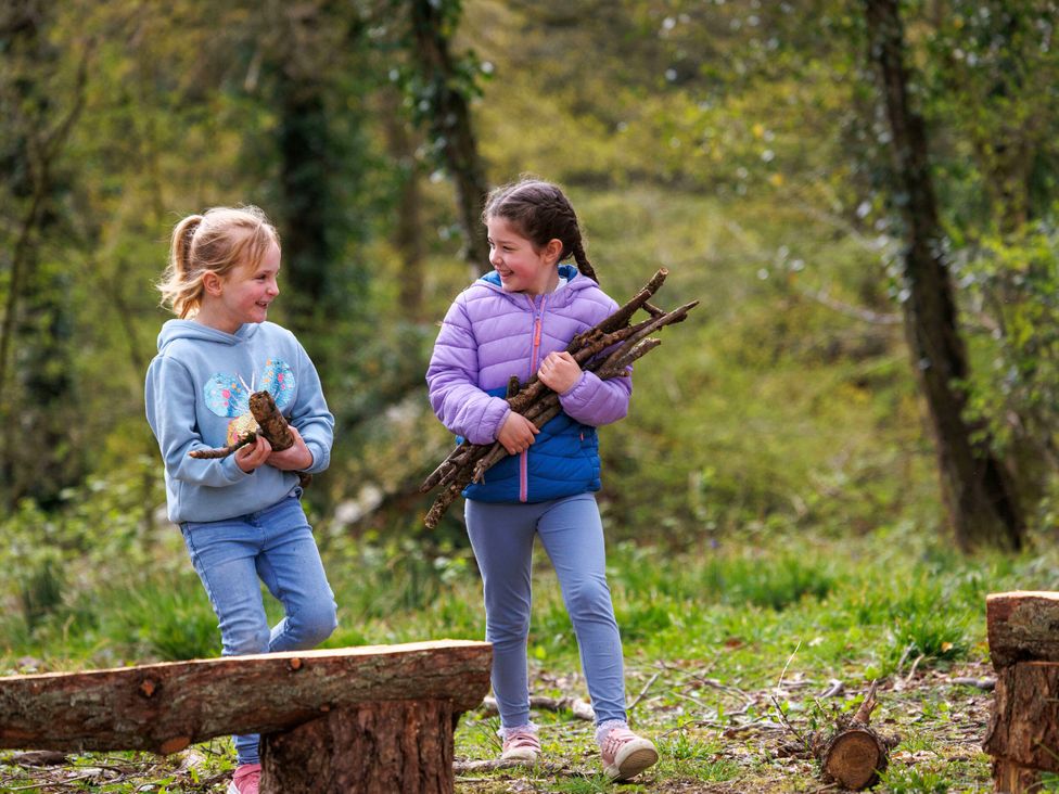 Two children carrying sticks in a forest at Delamere Forest Golden Oak Hideaway Delamere Forest
