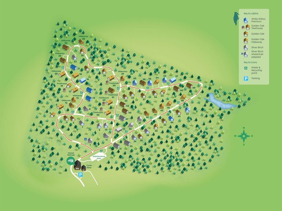 A map showing the layout of cabins and facilities at Delamere Forest Golden Oak Hideaway in Delamere Forest