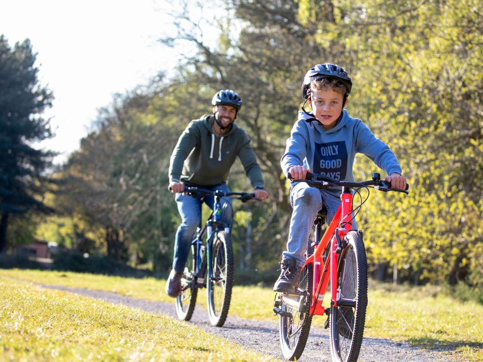 A man and a boy riding bicycles on a pathway at Deerpark Classic Golden Oak Waterside Deerpark Forest