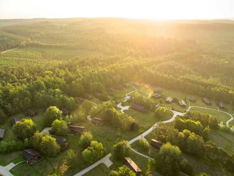 An aerial view of cabins surrounded by trees at Cropton Golden Oak in Cropton Forest
