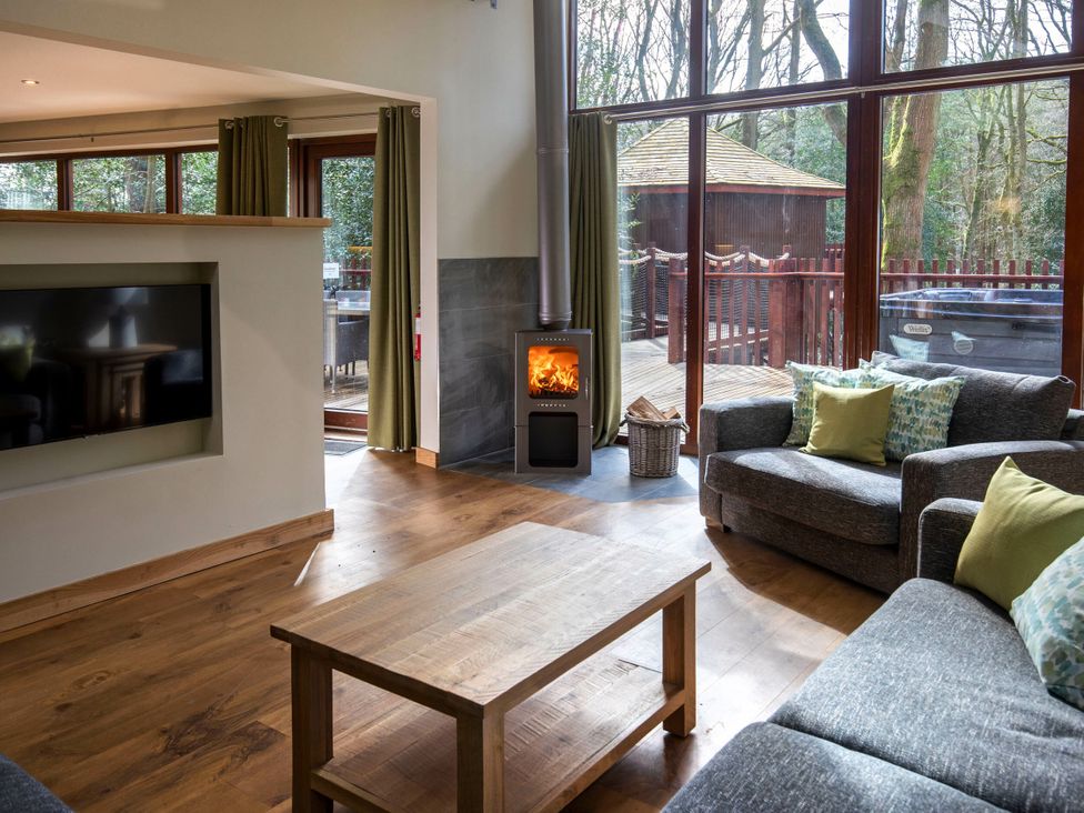 A living room with a wood stove and a television at Delamere Forest Golden Oak Delamere Forest