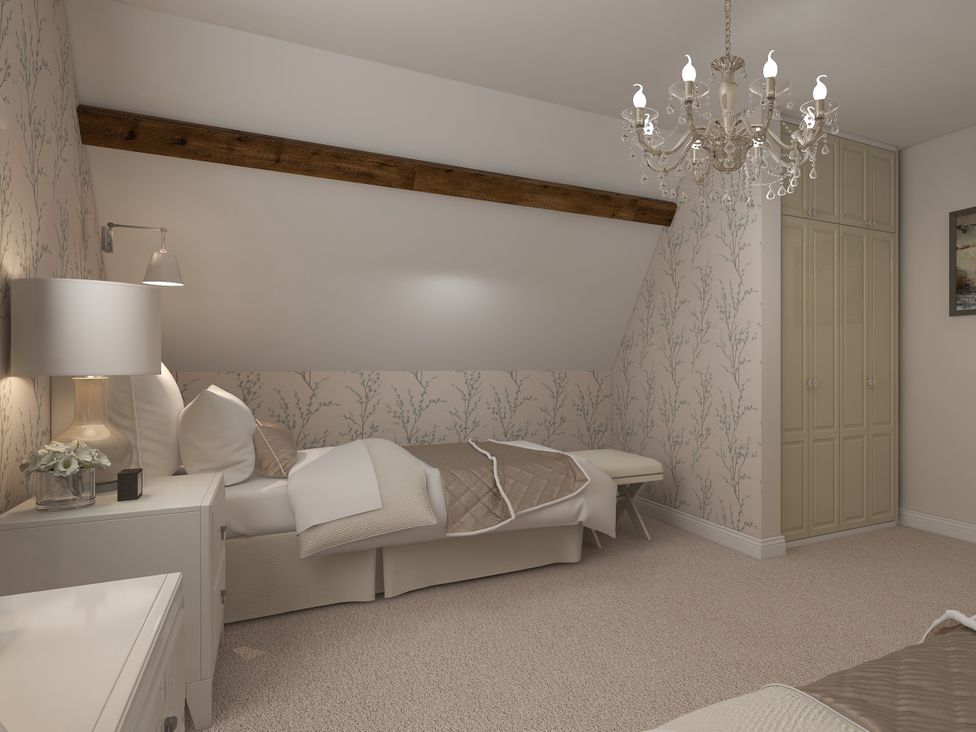 A bedroom with a bed and chandelier at The House at School Farm in Hassall near Haslington