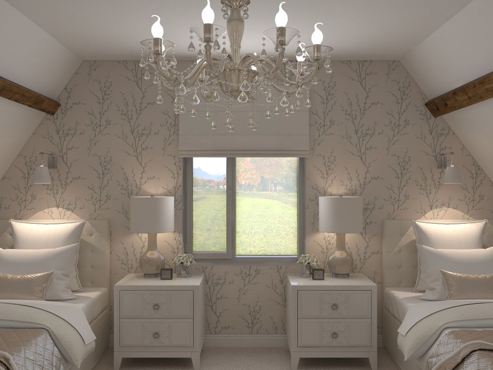 A bedroom with two beds and a chandelier at The House at School Farm in Hassall near Haslington