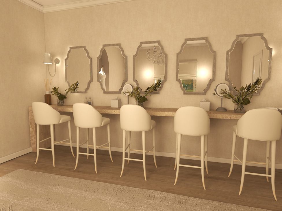 A bathroom with a vanity table and mirrors at The House at School Farm in Hassall near Haslington