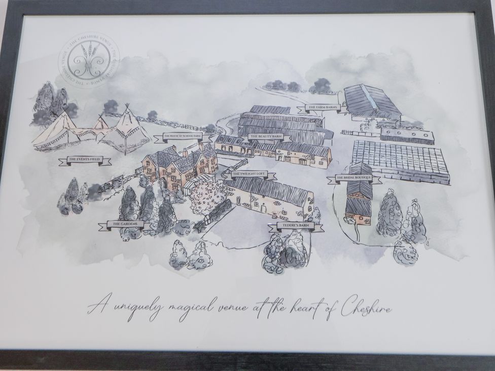 An illustrated map of a venue with various features at The House at School Farm in Hassall near Haslington