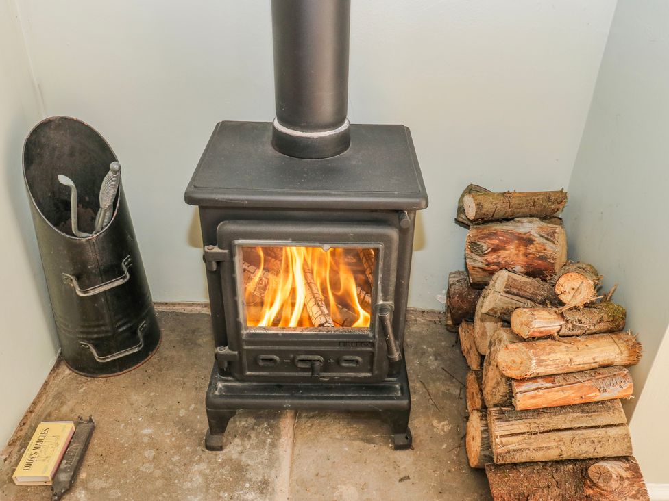 A wood stove with fire and logs in a living room at 49 Waddington Road in Clitheroe