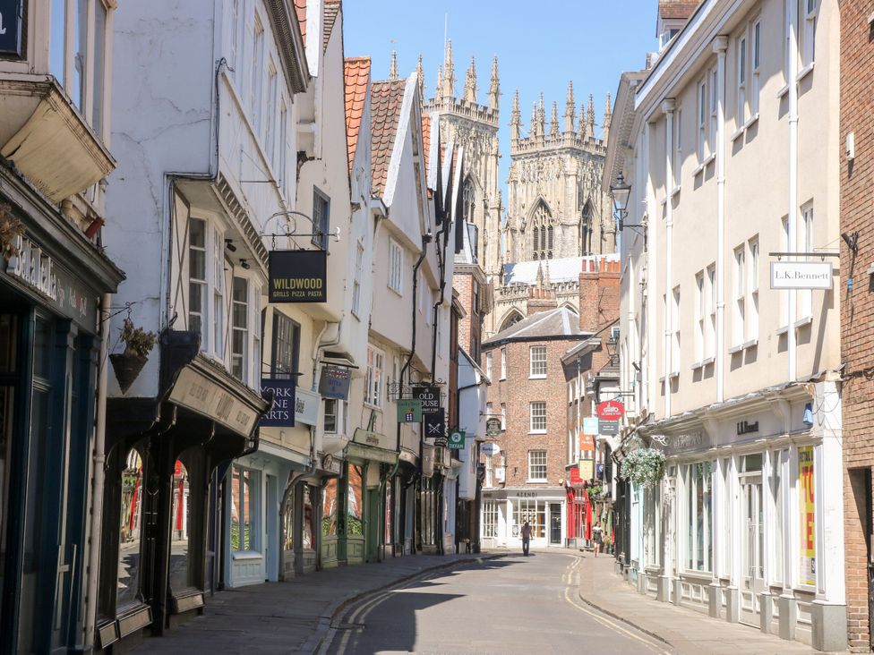 A street lined with shops and buildings leading to a cathedral at Deer Hill Grove in York