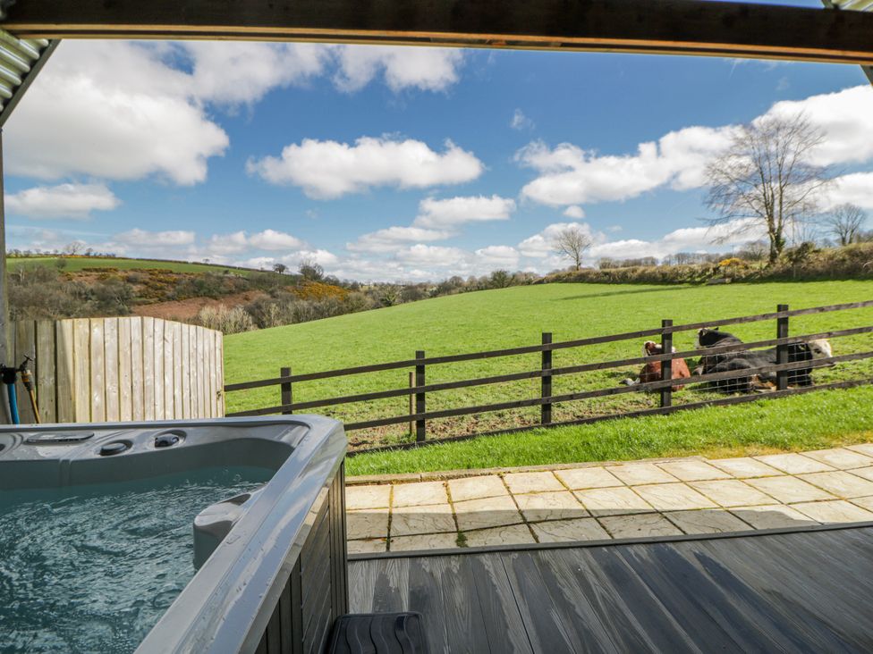 An outdoor area with a hot tub and cows in a field at Valley View Hideaway, Ffostrasol