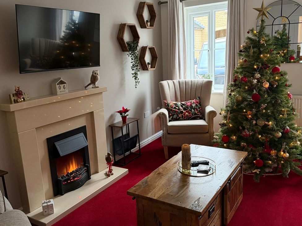 A living room with a Christmas tree and fireplace at Woodland View Buxton