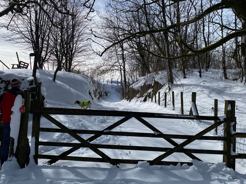A pathway in snow with a gate and a dog at Woodland View in Buxton