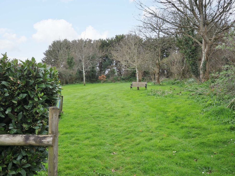 A grassy area with a bench and trees at Jolly Crabber in Porthpean near St Austell
