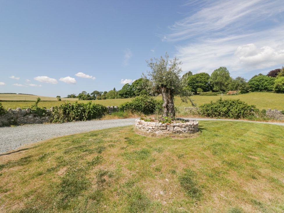 A garden with a stone well and tree at Old Watermill in Cartmel
