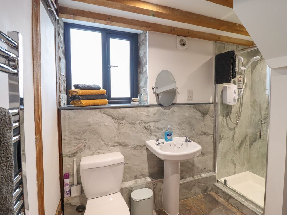 A bathroom with a sink, toilet, and shower at The Granary in Welshpool