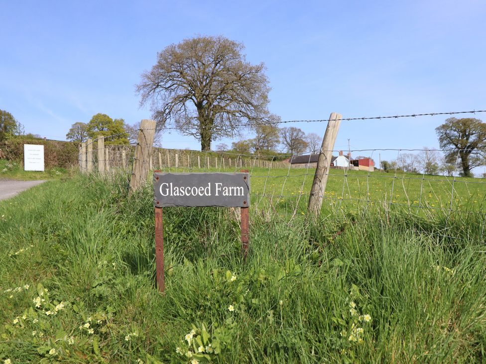 A sign for Glascoed Farm in a grassy area near a tree at Glascoed Farm in Llangyniew near Llanfair Caereinion