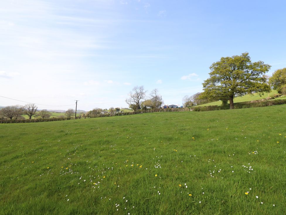 An open field with trees and a farmhouse in the background at The Granary in Llangyniew near Llanfair Caereinion