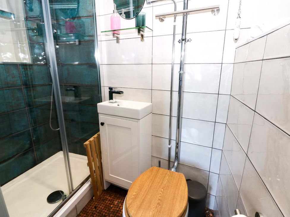 A bathroom with a shower, toilet, and sink at Island House in Aberaeron