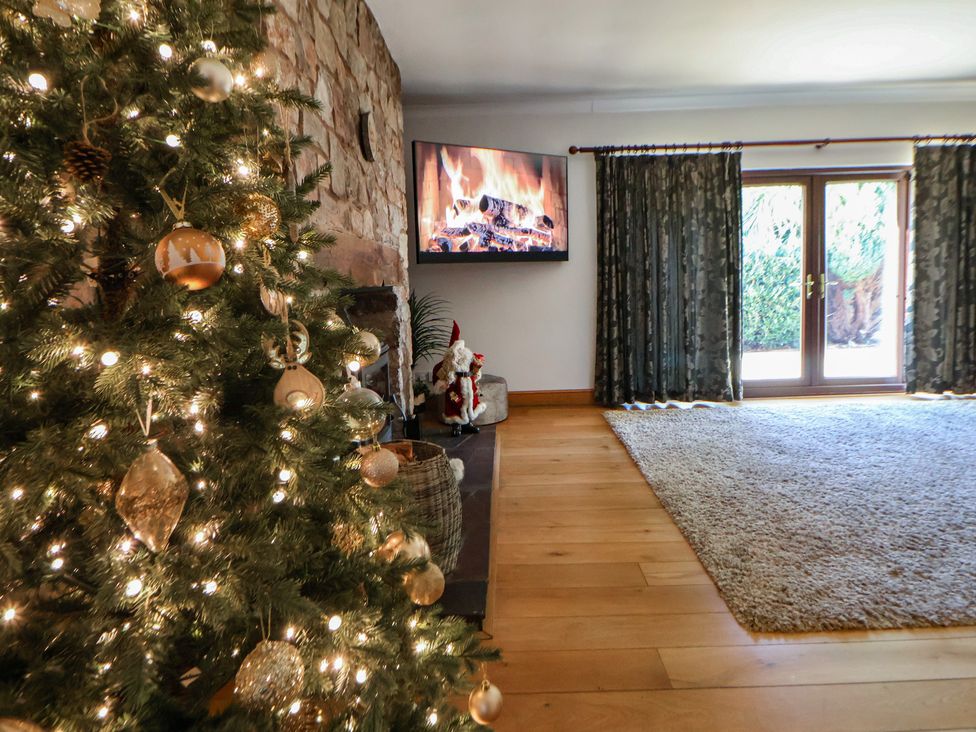 A living room with a Christmas tree and a fireplace at Brookway Lodge in Caerwys