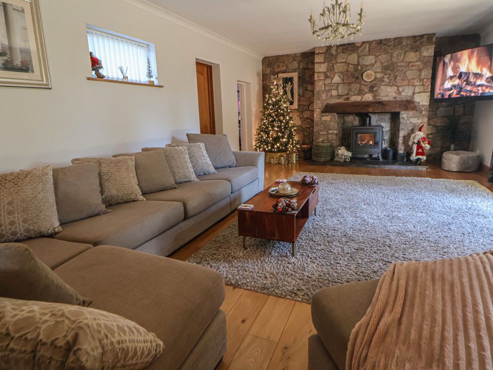 A living room with a fireplace and a Christmas tree at Brookway Lodge in Caerwys
