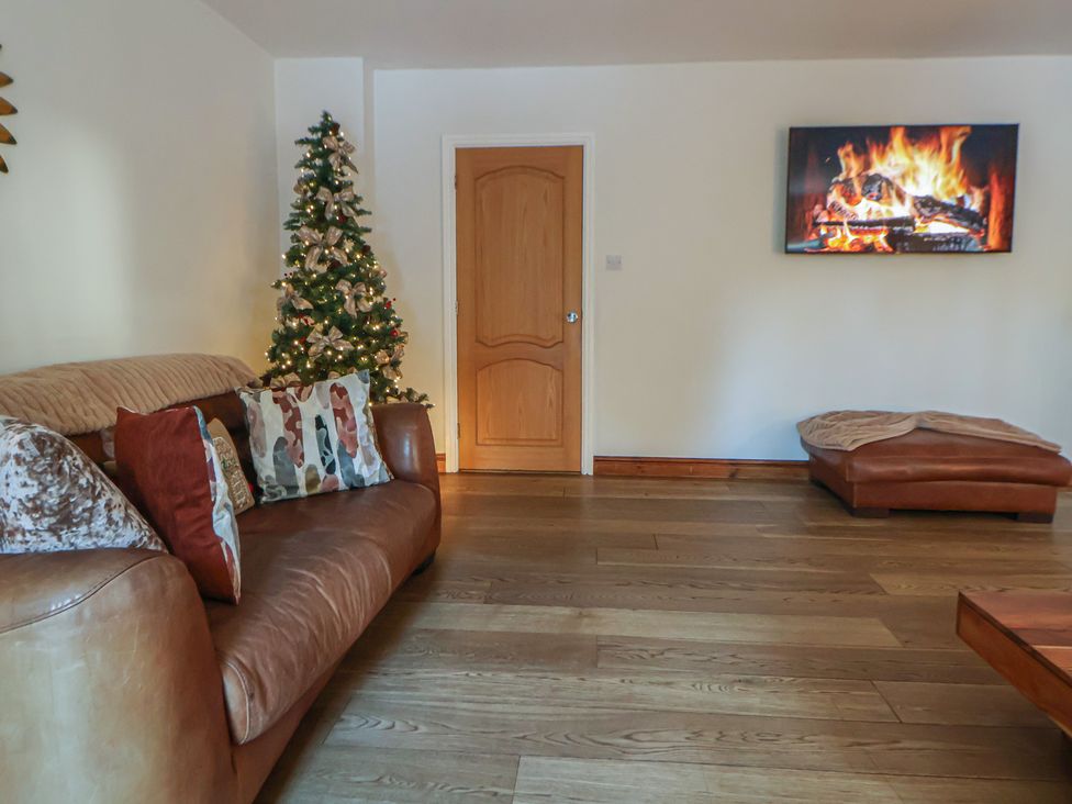 A living room with a Christmas tree and television at Brookway Lodge Caerwys